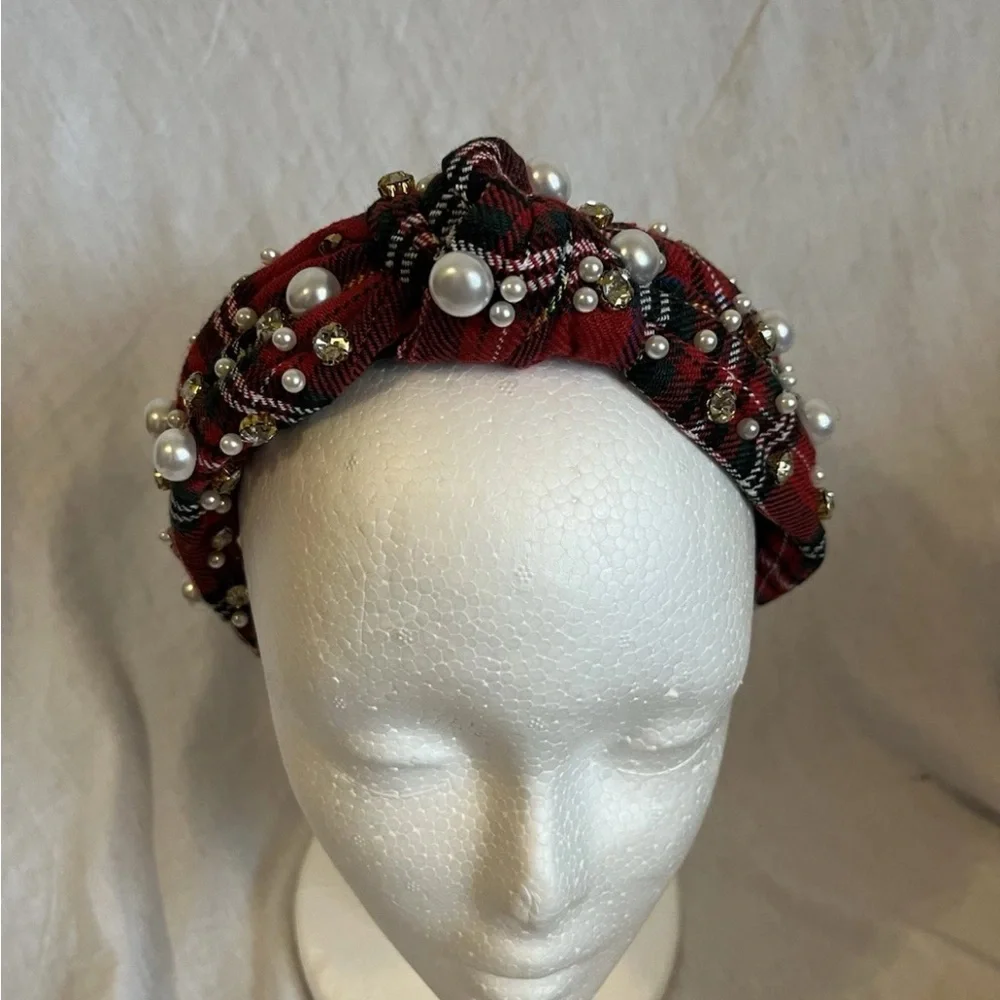 Plaid Red Headband with Faux Pearls & Rhinestones – Preppy & Chic